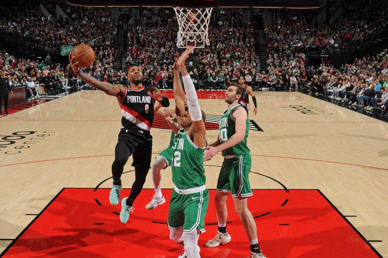 PORTLAND, OR - MARCH 17: Damian Lillard #0 of the Portland Trail Blazers shoots the ball during the game against the Boston Celtics on March 17, 2023 at the Moda Center Arena in Portland, Oregon. NOTE TO USER: User expressly acknowledges and agrees that, by downloading and or using this photograph, user is consenting to the terms and conditions of the Getty Images License Agreement. Mandatory Copyright Notice: Copyright 2023 NBAE (Photo by Cameron Browne/NBAE via Getty Images)