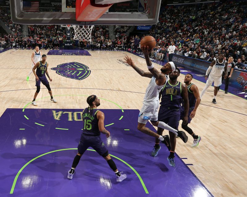 NEW ORLEANS, LA - JANUARY 7: Nickeil Alexander-Walker #9 of the Minnesota Timberwolves drives to the basket during the game against the New Orleans Pelicans on January 7, 2025 at the Smoothie King Center in New Orleans, Louisiana. NOTE TO USER: User expressly acknowledges and agrees that, by downloading and or using this Photograph, user is consenting to the terms and conditions of the Getty Images License Agreement. Mandatory Copyright Notice: Copyright 2025 NBAE(Photo by Layne Murdoch Jr./NBAE via Getty Images)