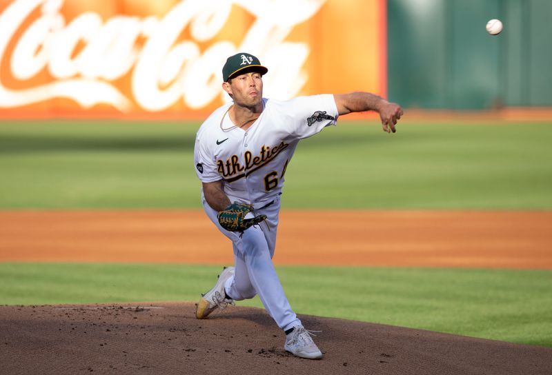 Aug 19, 2023; Oakland, California, USA; Oakland Athletics starting pitcher Ken Waldichuk (64) pitches against the Baltimore Orioles during the first inning at Oakland-Alameda County Coliseum. Mandatory Credit: D. Ross Cameron-USA TODAY Sports