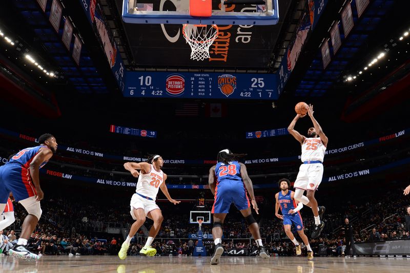 DETROIT, MI - NOVEMBER 1: Mikal Bridges #25 of the New York Knicks shoots the ball during the game against the Detroit Pistons on November 1, 2024 at Little Caesars Arena in Detroit, Michigan. NOTE TO USER: User expressly acknowledges and agrees that, by downloading and/or using this photograph, User is consenting to the terms and conditions of the Getty Images License Agreement. Mandatory Copyright Notice: Copyright 2024 NBAE (Photo by Chris Schwegler/NBAE via Getty Images)