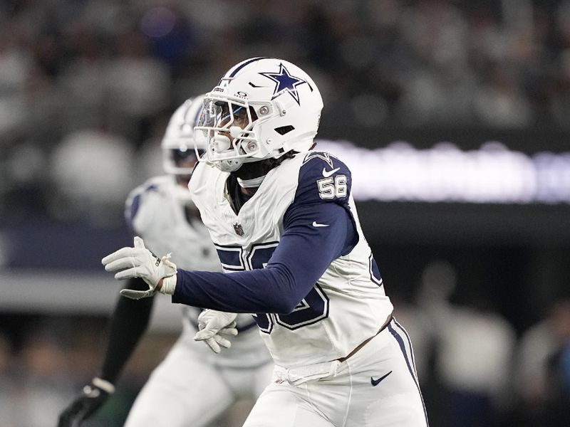 Dallas Cowboys defensive end Dante Fowler Jr. (56) rushes during an NFL football game against the Philadelphia Eagles in Arlington, Texas, Sunday, Dec. 10, 2023. (AP Photo/Tony Gutierrez)