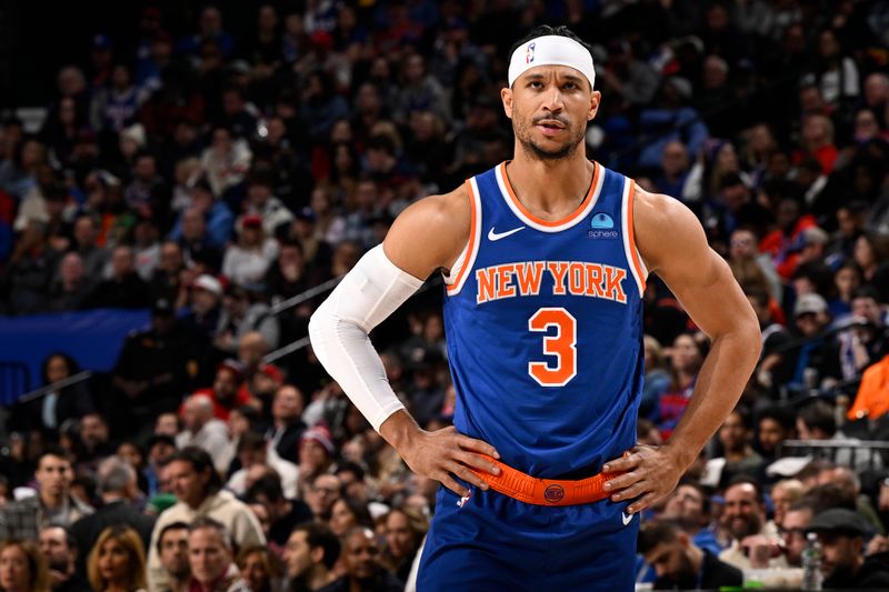 PHILADELPHIA, PA - JANUARY 5:  Josh Hart #3 of the New York Knicks looks on during the game against the Philadelphia 76ers on January 5, 2024 at the Wells Fargo Center in Philadelphia, Pennsylvania NOTE TO USER: User expressly acknowledges and agrees that, by downloading and/or using this Photograph, user is consenting to the terms and conditions of the Getty Images License Agreement. Mandatory Copyright Notice: Copyright 2024 NBAE (Photo by David Dow/NBAE via Getty Images)