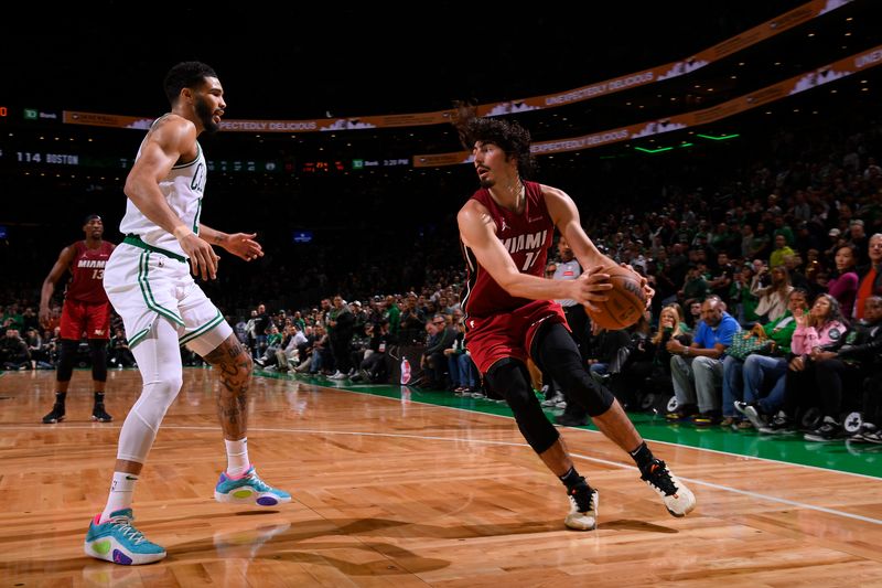 BOSTON, MA - APRIL 21: Jaime Jaquez Jr. #11 of the Miami Heat handles the ball during the game against the Boston Celtics during Round 1 Game 1 of the 2024 NBA Playoffs on April 21, 2024 at the TD Garden in Boston, Massachusetts. NOTE TO USER: User expressly acknowledges and agrees that, by downloading and or using this photograph, User is consenting to the terms and conditions of the Getty Images License Agreement. Mandatory Copyright Notice: Copyright 2024 NBAE  (Photo by Brian Babineau/NBAE via Getty Images)