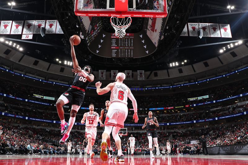 CHICAGO, IL - MARCH 18:  Scoot Henderson #00 of the Portland Trail Blazers drives to the basket during the game against the Chicago Bulls on March 18, 2024 at United Center in Chicago, Illinois. NOTE TO USER: User expressly acknowledges and agrees that, by downloading and or using this photograph, User is consenting to the terms and conditions of the Getty Images License Agreement. Mandatory Copyright Notice: Copyright 2024 NBAE (Photo by Jeff Haynes/NBAE via Getty Images)