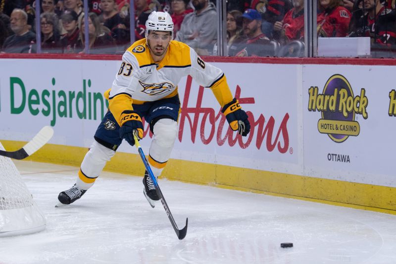 Oct 13, 2025; Ottawa, Ontario, CAN; Nashville Predators defenseman Adam Wilsby (83) takes control of the puck in the first period against the Ottawa Senators at the Canadian Tire Centre. Mandatory Credit: Marc DesRosiers-Imagn Images