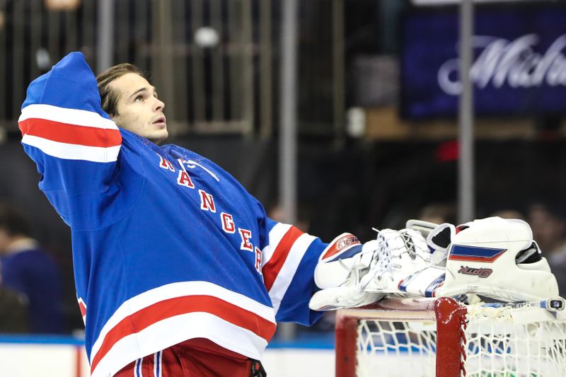 Nov 1, 2022; New York, New York, USA;  New York Rangers goaltender Igor Shesterkin (31) gets takes the ice prior to the game against the Philadelphia Flyers at Madison Square Garden. Mandatory Credit: Wendell Cruz-USA TODAY Sports