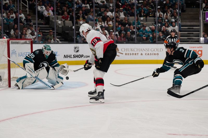 Mar 9, 2024; San Jose, California, USA: Ottawa Senators right wing Drake Batherson (19) shoots the puck against San Jose Sharks goaltender Magnus Chrona (30) during the first period at SAP Center at San Jose. Mandatory Credit: Robert Edwards-USA TODAY Sports