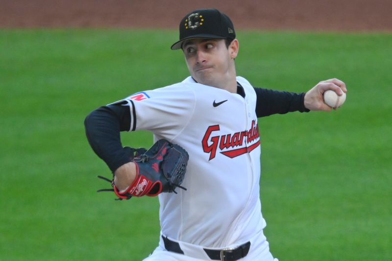 May 18, 2024; Cleveland, Ohio, USA; Cleveland Guardians starting pitcher Logan Allen (41) delivers a pitch in the fourth inning against the Minnesota Twins at Progressive Field. Mandatory Credit: David Richard-USA TODAY Sports