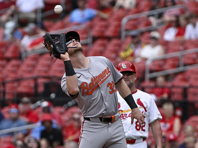 May 22, 2024; St. Louis, Missouri, USA;  Baltimore Orioles first baseman Ryan O'Hearn (32) catches a fly ball against the St. Louis Cardinals during the first inning at Busch Stadium. Mandatory Credit: Jeff Curry-USA TODAY Sports