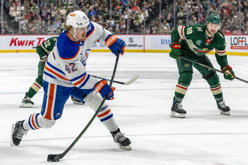Jan 15, 2025; Saint Paul, Minnesota, USA;  Edmonton Oilers forward Kasperi Kapanen (42) takes a shot on goal against the Minnesota Wild during the second period at Xcel Energy Center. Mandatory Credit: Nick Wosika-Imagn Images

