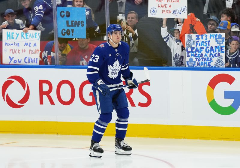Oct 11, 2023; Toronto, Ontario, CAN; Toronto Maple Leafs left wing Matthew Knies (23) skates during the warm up before game against the Montreal Canadiens at Scotiabank Arena. Mandatory Credit: Nick Turchiaro-USA TODAY Sports