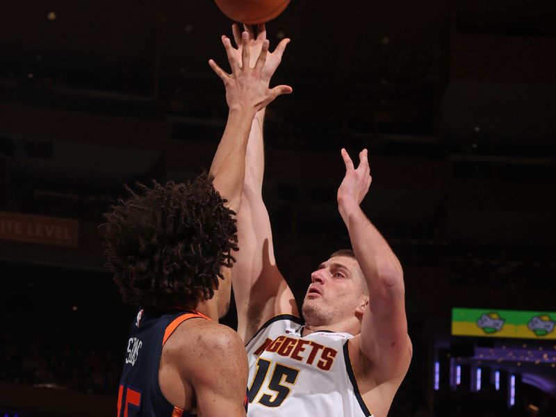 NEW YORK, NY - JANUARY 25: Nikola Jokic #15 of the Denver Nuggets shoots the ball during the game against the New York Knicks on January 25, 2024 at Madison Square Garden in New York City, New York.  NOTE TO USER: User expressly acknowledges and agrees that, by downloading and or using this photograph, User is consenting to the terms and conditions of the Getty Images License Agreement. Mandatory Copyright Notice: Copyright 2024 NBAE  (Photo by Nathaniel S. Butler/NBAE via Getty Images)