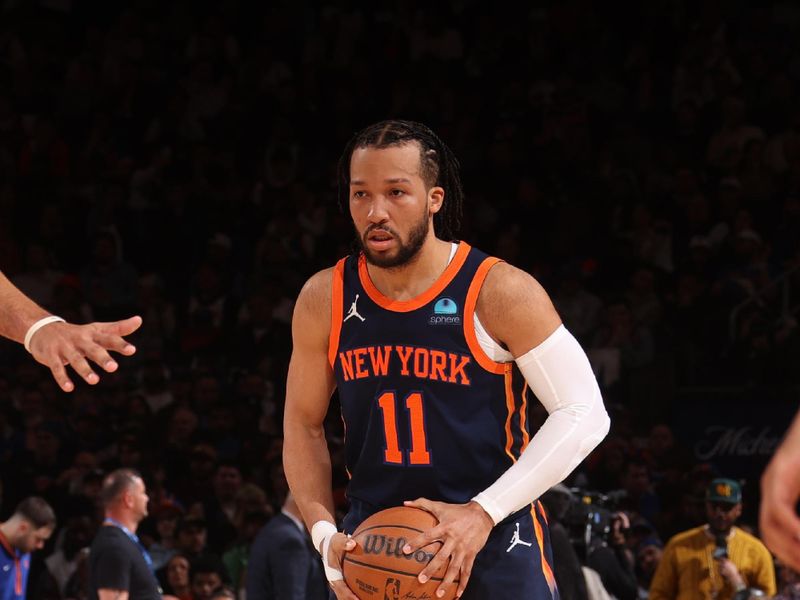 NEW YORK, NY - APRIL 22:  Jalen Brunson #11 of the New York Knicks handles the ball during the game  against the Philadelphia 76ers during Round 1 Game 2 of the 2024 NBA Playoffs on April 22, 2024 at Madison Square Garden in New York City, New York.  NOTE TO USER: User expressly acknowledges and agrees that, by downloading and or using this photograph, User is consenting to the terms and conditions of the Getty Images License Agreement. Mandatory Copyright Notice: Copyright 2024 NBAE  (Photo by Nathaniel S. Butler/NBAE via Getty Images)