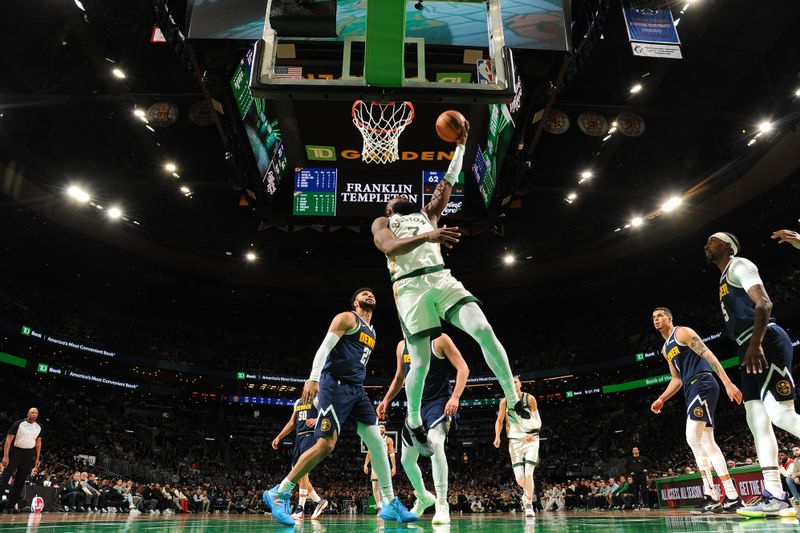 BOSTON, MA - JANUARY 19:  Jaylen Brown #7 of the Boston Celtics drives to the basket during the game against the Denver Nuggets on January 19, 2024 at the TD Garden in Boston, Massachusetts. NOTE TO USER: User expressly acknowledges and agrees that, by downloading and or using this photograph, User is consenting to the terms and conditions of the Getty Images License Agreement. Mandatory Copyright Notice: Copyright 2024 NBAE  (Photo by Brian Babineau/NBAE via Getty Images)