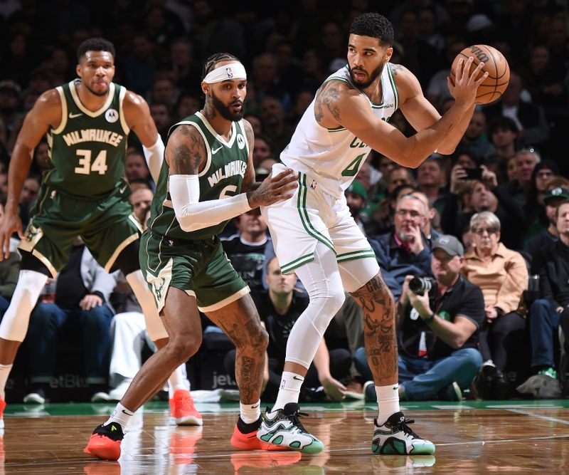 BOSTON, MA - OCTOBER 28: Jayson Tatum #0 of the Boston Celtics looks to pass the ball during the game against the Milwaukee Bucks on October 28, 2024 at TD Garden in Boston, Massachusetts. NOTE TO USER: User expressly acknowledges and agrees that, by downloading and/or using this Photograph, user is consenting to the terms and conditions of the Getty Images License Agreement. Mandatory Copyright Notice: Copyright 2024 NBAE (Photo by Brian Babineau/NBAE via Getty Images)