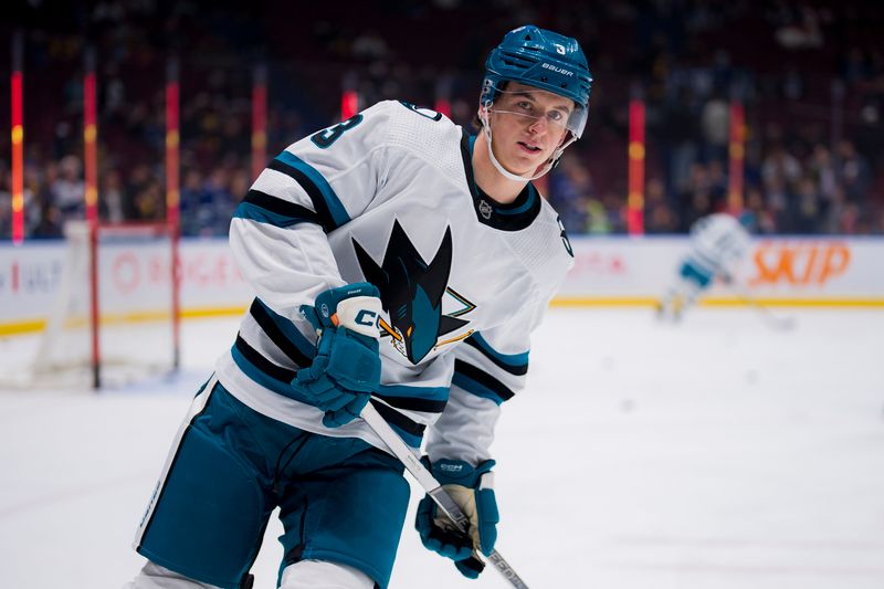 Dec 23, 2023; Vancouver, British Columbia, CAN; San Jose Sharks defenseman Henry Thrun (3) skates during warm up prior to a game against the Vancouver Canucks at Rogers Arena. Mandatory Credit: Bob Frid-USA TODAY Sports