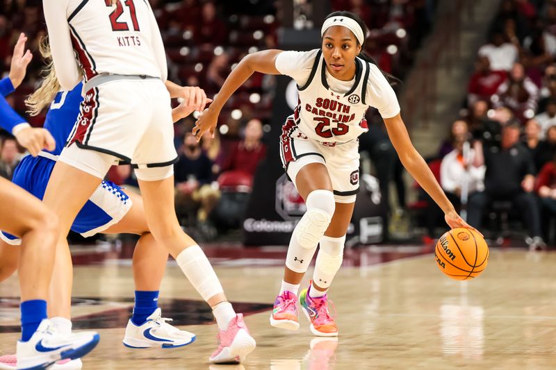 Jan 15, 2024; Columbia, South Carolina, USA; South Carolina Gamecocks guard Bree Hall (23) drives against the Kentucky Wildcats in the first half at Colonial Life Arena. Mandatory Credit: Jeff Blake-USA TODAY Sports