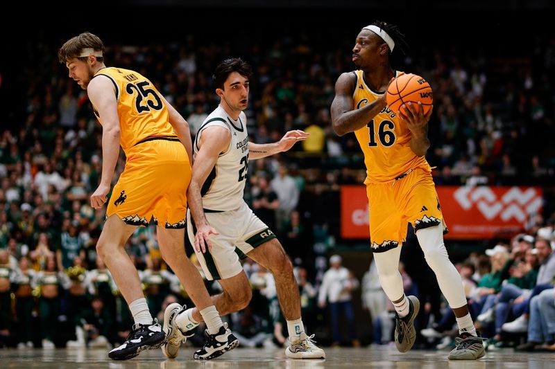 Feb 15, 2025; Fort Collins, Colorado, USA; Wyoming Cowboys guard Jordan Nesbitt (16) controls the ball as forward Touko Tainamo (25) defends against Colorado State Rams guard Ethan Morton (25) in the first half at Moby Arena. Mandatory Credit: Isaiah J. Downing-Imagn Images