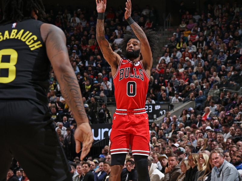 SALT LAKE CITY, UT - MARCH 6: Coby White #0 of the Chicago Bulls shoots a three point basket during the game against the Utah Jazz on March 6, 2024 at Delta Center in Salt Lake City, Utah. NOTE TO USER: User expressly acknowledges and agrees that, by downloading and or using this Photograph, User is consenting to the terms and conditions of the Getty Images License Agreement. Mandatory Copyright Notice: Copyright 2024 NBAE (Photo by Melissa Majchrzak/NBAE via Getty Images)