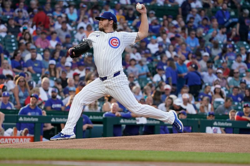 Jun 18, 2024; Chicago, Illinois, USA; Chicago Cubs pitcher Justin Steele (35) throws the ball against the San Francisco Giants during the first inning at Wrigley Field. Mandatory Credit: David Banks-USA TODAY Sports