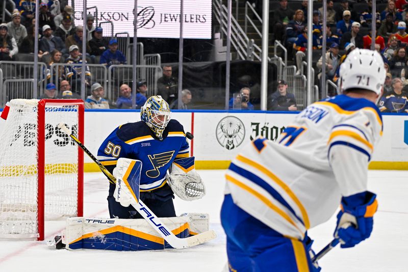 Nov 30, 2023; St. Louis, Missouri, USA;  St. Louis Blues goaltender Jordan Binnington (50) defends the net against the Buffalo Sabres during the third period at Enterprise Center. Mandatory Credit: Jeff Curry-USA TODAY Sports