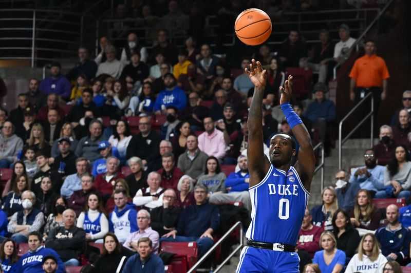 Jan 7, 2023; Chestnut Hill, Massachusetts, USA; Duke Blue Devils forward Dariq Whitehead (0) makes a three-point basket against the Boston College Eagles during the second half at the Conte Forum. Mandatory Credit: Brian Fluharty-USA TODAY Sports