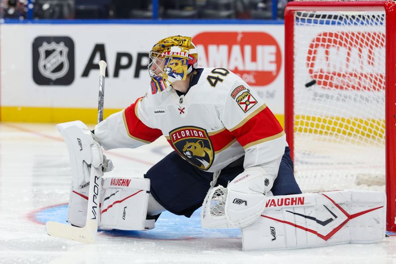 Oct 2, 2025; Tampa, Florida, USA; Tampa Bay Lightning center Jake Guentzel (59) (not pictured) scores a goal past Florida Panthers goaltender Daniil Tarasov (40) in the third period  at Benchmark International Arena. Mandatory Credit: Nathan Ray Seebeck-Imagn Images