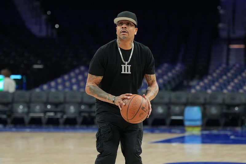 PHILADELPHIA, PA - MARCH 18: Allen Iverson attends the game between the Miami Heat  and the Philadelphia 76ers on March 18, 2024 at the Wells Fargo Center in Philadelphia, Pennsylvania NOTE TO USER: User expressly acknowledges and agrees that, by downloading and/or using this Photograph, user is consenting to the terms and conditions of the Getty Images License Agreement. Mandatory Copyright Notice: Copyright 2024 NBAE (Photo by Jesse D. Garrabrant/NBAE via Getty Images)