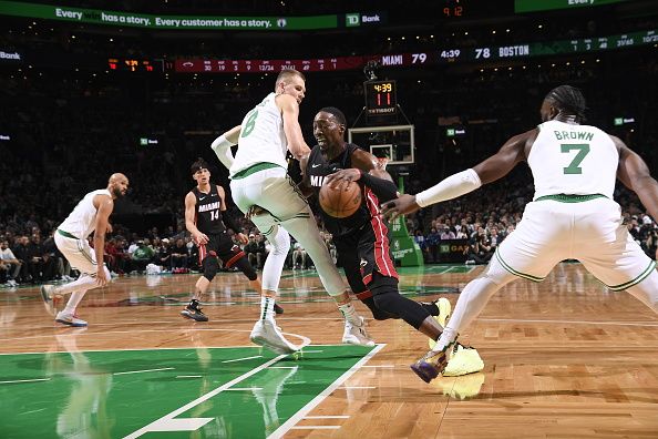 BOSTON, MA - OCTOBER 27: Bam Adebayo #13 of the Miami Heat drives to the basket during the game against the Boston Celtics on October 27, 2023 at the TD Garden in Boston, Massachusetts. NOTE TO USER: User expressly acknowledges and agrees that, by downloading and or using this photograph, User is consenting to the terms and conditions of the Getty Images License Agreement. Mandatory Copyright Notice: Copyright 2023 NBAE  (Photo by Brian Babineau/NBAE via Getty Images)