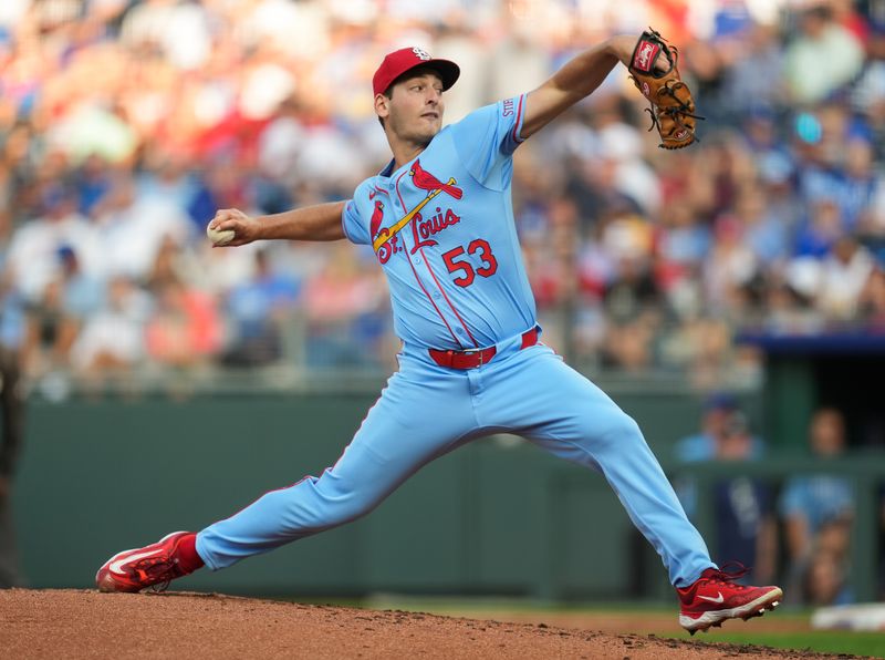 Aug 10, 2024; Kansas City, Missouri, USA; St. Louis Cardinals starting pitcher Andre Pallante (53) pitches during the second inning against the Kansas City Royals at Kauffman Stadium. Mandatory Credit: Jay Biggerstaff-USA TODAY Sports