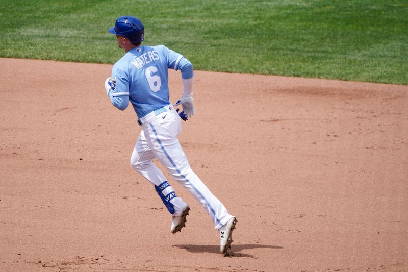 Jul 16, 2023; Kansas City, Missouri, USA;  Kansas City Royals right fielder Drew Waters (6) runs the bases against the Tampa Bay Rays after hitting a home run in the fourth inning at Kauffman Stadium. Mandatory Credit: Denny Medley-USA TODAY Sports