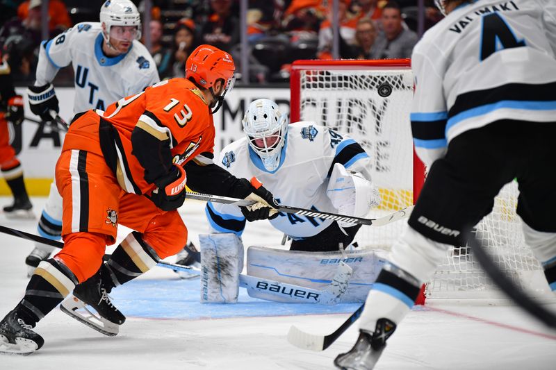 Oct 16, 2024; Anaheim, California, USA; Anaheim Ducks center Robby Fabbri (13) scores a goal against Utah Hockey Club goaltender Connor Ingram (39) during the second period at Honda Center. Mandatory Credit: Gary A. Vasquez-Imagn Images