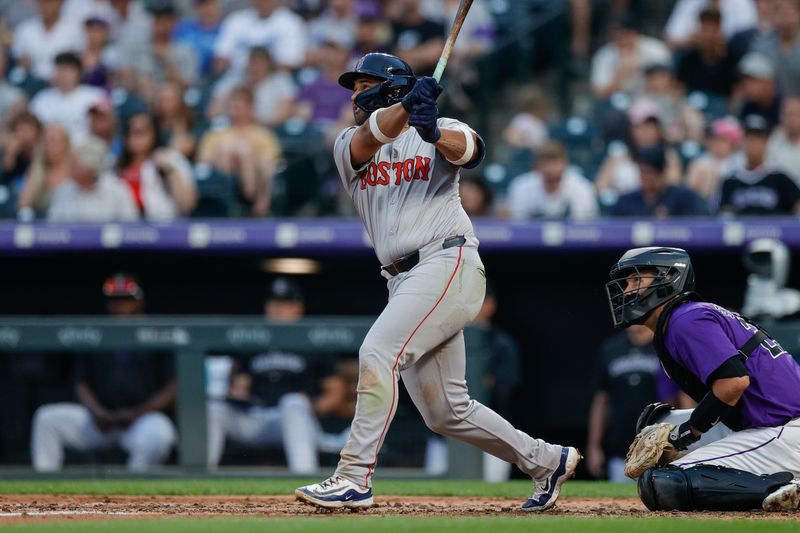 Jul 22, 2024; Denver, Colorado, USA; Boston Red Sox second baseman Jamie Westbrook (73) hits a three run home run in the fifth inning against the Colorado Rockies at Coors Field. Mandatory Credit: Isaiah J. Downing-USA TODAY Sports