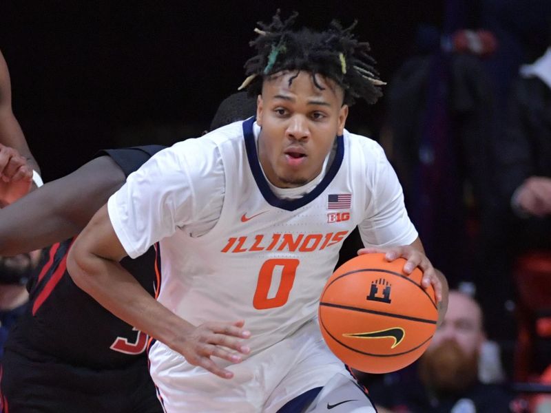 Jan 21, 2024; Champaign, Illinois, USA; Illinois Fighting Illini guard Terrence Shannon Jr. (0) races the ball up the court during the first half against the Rutgers Scarlet Knights at State Farm Center. Mandatory Credit: Ron Johnson-USA TODAY Sports