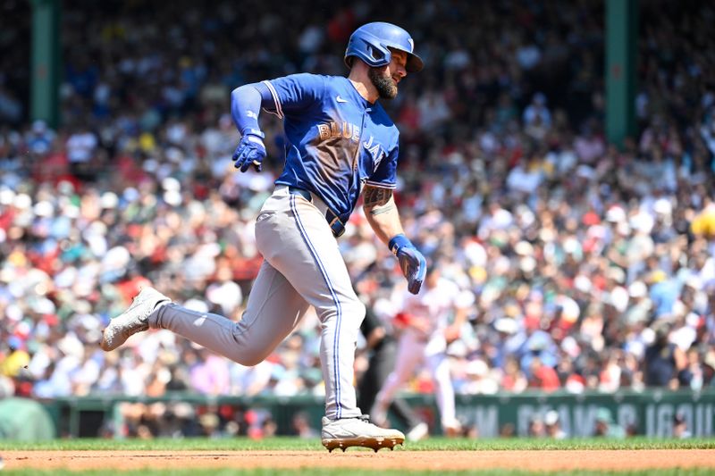 Jun 29, 2025; Boston, Massachusetts, USA; Toronto Blue Jays center fielder Nathan Lukes (38) scores a run off a one run RBI by second baseman Andres Gimenez (0) 
(not pictured) during the fourth inning against the Boston Red Sox at Fenway Park. Mandatory Credit: Eric Canha-Imagn Images