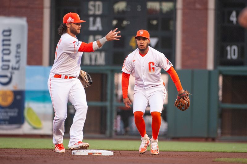 Sep 12, 2023; San Francisco, California, USA; San Francisco Giants second baseman Thairo Estrada (39) tosses the ball to shortstop Brandon Crawford (35) during the first inning against the Cleveland Guardians at Oracle Park. Mandatory Credit: Ed Szczepanski-USA TODAY Sports