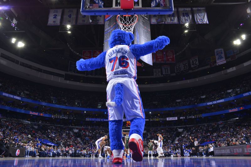 PHILADELPHIA, PA - FEBRUARY 25: Franklin the Dog of the Philadelphia 76ers before the game Milwaukee Bucks  on February 25, 2024 at the Wells Fargo Center in Philadelphia, Pennsylvania NOTE TO USER: User expressly acknowledges and agrees that, by downloading and/or using this Photograph, user is consenting to the terms and conditions of the Getty Images License Agreement. Mandatory Copyright Notice: Copyright 2024 NBAE (Photo by Jesse D. Garrabrant/NBAE via Getty Images)