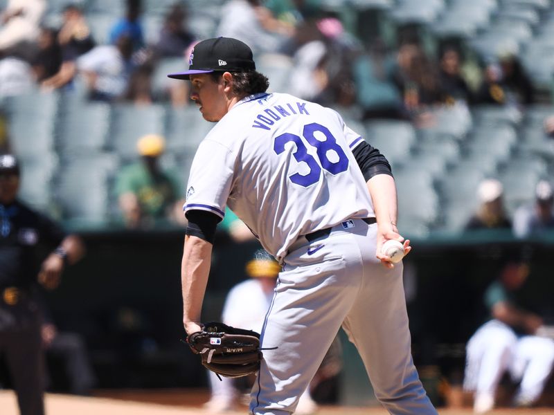 May 23, 2024; Oakland, California, USA; Colorado Rockies relief pitcher Victor Vodnik (38) on the mound against the Oakland Athletics during the seventh inning at Oakland-Alameda County Coliseum. Mandatory Credit: Kelley L Cox-USA TODAY Sports