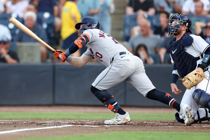 May 19, 2025; Tampa, Florida, USA; Houston Astros left fielder Chas McCormick (20) hits an rbi single against the Tampa Bay Rays in the second inning at George M. Steinbrenner Field. Mandatory Credit: Nathan Ray Seebeck-Imagn Images
