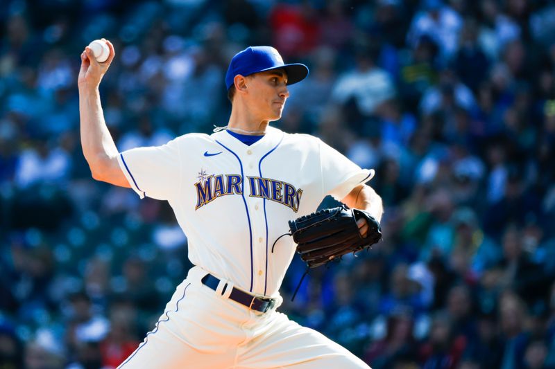 Oct 1, 2023; Seattle, Washington, USA; Seattle Mariners starting pitcher George Kirby (68) throws against the Texas Rangers during the first inning at T-Mobile Park. Mandatory Credit: Joe Nicholson-USA TODAY Sports