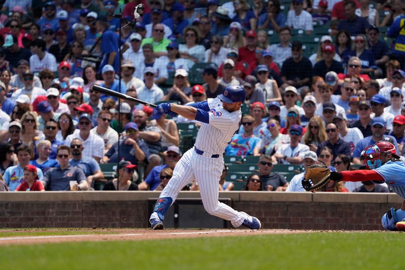 Aug 3, 2024; Chicago, Illinois, USA; Chicago Cubs first baseman Michael Busch (29) hits a two-run home run against the St. Louis Cardinals during the first inning at Wrigley Field. Mandatory Credit: David Banks-USA TODAY Sports