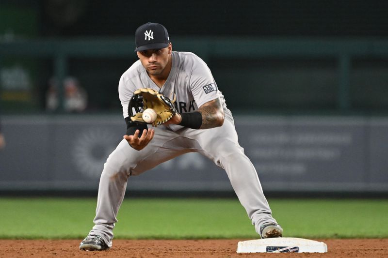 Aug 28, 2024; Washington, District of Columbia, USA; New York Yankees second baseman Gleyber Torres (25) fields the ball at second base against the Washington Nationals during the third inning at Nationals Park. Mandatory Credit: Rafael Suanes-USA TODAY Sports