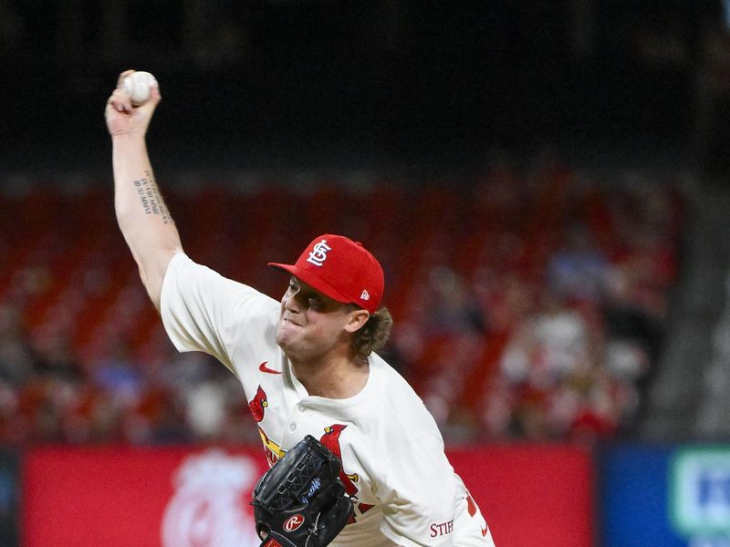 May 6, 2025; St. Louis, Missouri, USA;  St. Louis Cardinals relief pitcher Gordon Graceffo (44) pitches against the Pittsburgh Pirates during the ninth inning at Busch Stadium. Mandatory Credit: Jeff Curry-Imagn Images