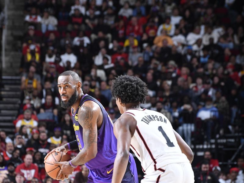 HOUSTON, TX - JANUARY 5:  LeBron James #23 of the Los Angeles Lakers handles the ball during the game against the Houston Rockets  on January 5, 2025 at the Toyota Center in Houston, Texas. NOTE TO USER: User expressly acknowledges and agrees that, by downloading and or using this photograph, User is consenting to the terms and conditions of the Getty Images License Agreement. Mandatory Copyright Notice: Copyright 2025 NBAE (Photo by Logan Riely/NBAE via Getty Images)