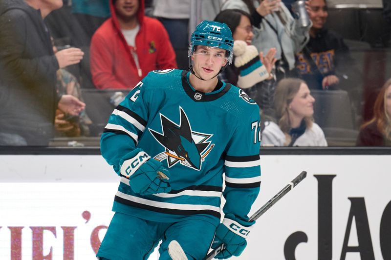 Dec 12, 2023; San Jose, California, USA; San Jose Sharks left wing William Eklund (72) acknowledges the crowd after scoring a power play goal against the Winnipeg Jets during the third period at SAP Center at San Jose. Mandatory Credit: Robert Edwards-USA TODAY Sports