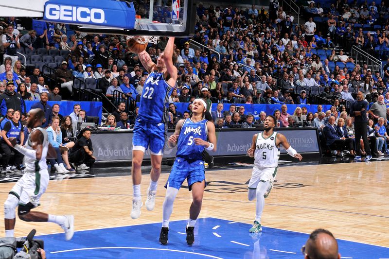 ORLANDO, FL - APRIL 14: Franz Wagner #22 of the Orlando Magic dunks the ball during the game against the Milwaukee Bucks on April 14, 2024 at Kia Center in Orlando, Florida. NOTE TO USER: User expressly acknowledges and agrees that, by downloading and or using this photograph, User is consenting to the terms and conditions of the Getty Images License Agreement. Mandatory Copyright Notice: Copyright 2024 NBAE (Photo by Fernando Medina/NBAE via Getty Images)