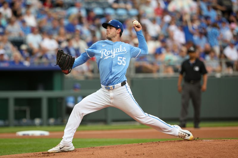 Jun 28, 2023; Kansas City, Missouri, USA; Kansas City Royals pitcher Cole Ragans (55) pitches during the first inning against the Cleveland Guardians at Kauffman Stadium. Mandatory Credit: William Purnell-USA TODAY Sports