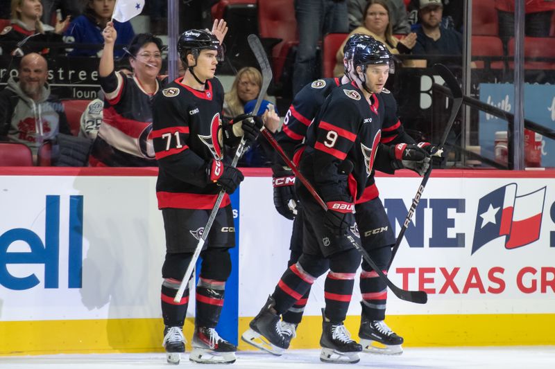 Dec 7, 2023; Ottawa, Ontario, CAN; Ottawa Senators center Josh Norris (9) scores in the first period against the  Toronto Maple Leafs at the Canadian Tire Centre. Mandatory Credit: Marc DesRosiers-USA TODAY Sports