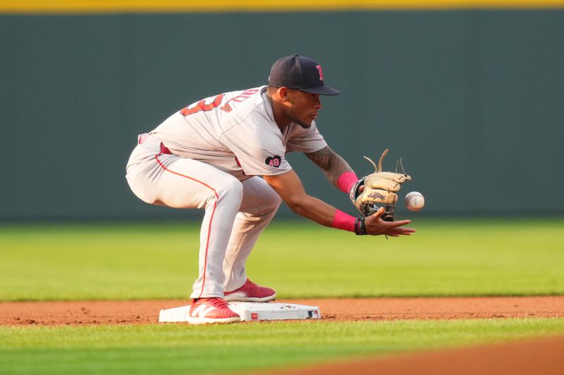 Jul 23, 2024; Denver, Colorado, USA; Boston Red Sox outfielder Ceddanne Rafaela (43) filelds the ball in the first inning against the Colorado Rockies at Coors Field. Mandatory Credit: Ron Chenoy-USA TODAY Sports