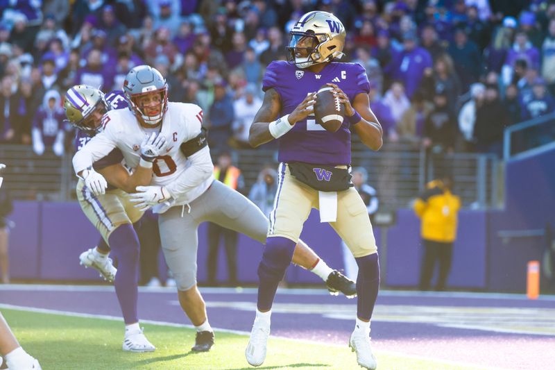 Nov 25, 2023; Seattle, Washington, USA; Washington Huskies quarterback Michael Penix Jr. (9) passes against the Washington State Cougars during the second quarter at Alaska Airlines Field at Husky Stadium. Mandatory Credit: Joe Nicholson-USA TODAY Sports